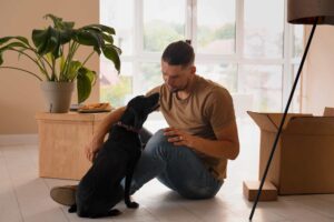 a happy man home sitting a dog; one of the best side hustles 